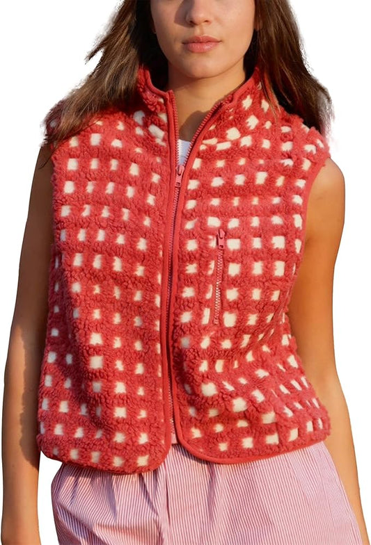 Colorful world Womens Checkered Sherpa Vest Fleece Jacket Lightweight Zip Up Sleeveless Crochet Plaid Gilet with Pocket