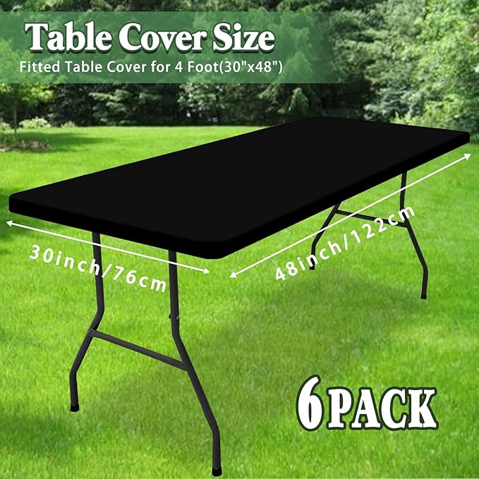 6 Pack Picnic Table Cover Elastic Fitted Tablecloths for 4 Foot Rectangle Tables Waterproof Stretch Washable Patio Folding Outdoor Spandex Table Cloth for Camping Banquet and Parties (Black,30" x 48")