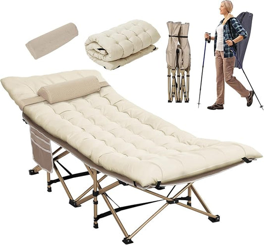 Wide Folding Camping Cots with Pillow & Extra Thick 3 Inch Matress, Cots for Sleeping 900 LBS, Camping Bed for Adults with Cushion, Sleeping Cot (Cream)