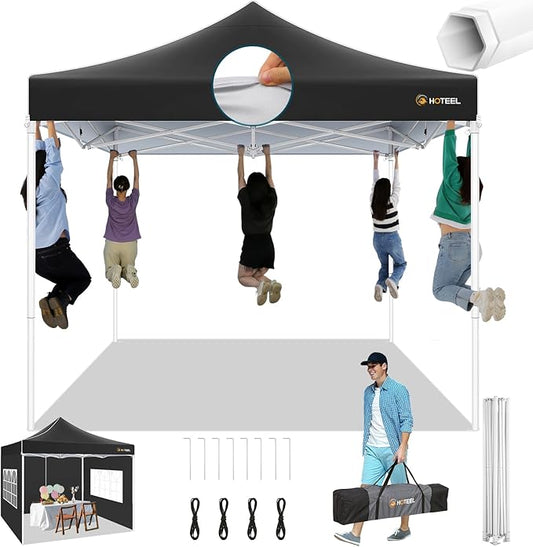 HOTEEL Canopy Tent 10x10 Heavy Duty Pop Up Canopy with Sidewalls, Commercial Instant Waterproof Tent for Vender Patio, UV 50+ with Silver Coated, Upgraded Thickened Hexagonal Legs, Black