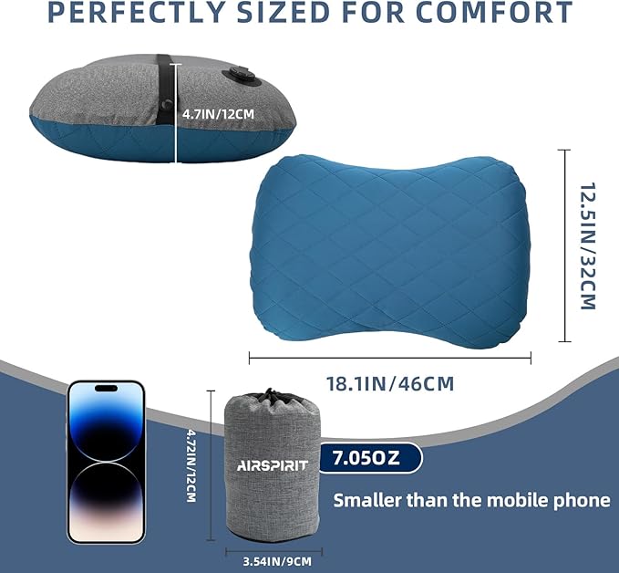 AIRSPIRIT Inflatable Camping Pillow Ultralight Adjustable Firmness, TPU Travel Pillow for Neck & Lumbar Support, Hiking, Backpacking, Airplane, Car Travel & Beach with Removable Washable Cover (Blue)