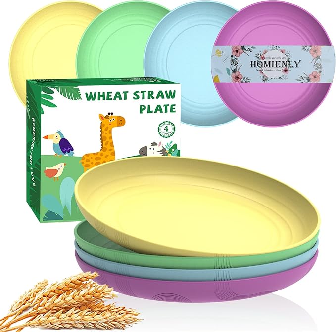 Homienly Wheat Straw Dinner Plates Set of 4 Unbreakable Plate Set with Textured Pattern - Microwave and Dishwasher Safe Plates Kitchen Plate for Salad, Dessert, Dinner, Fruit - Memphis Color