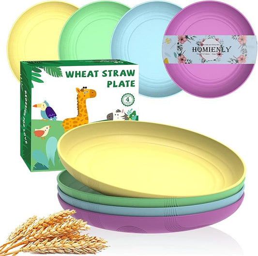 Homienly Wheat Straw Dinner Plates Set of 4 Unbreakable Plate Set with Textured Pattern - Microwave and Dishwasher Safe Plates Kitchen Plate for Salad, Dessert, Dinner, Fruit - Memphis Color