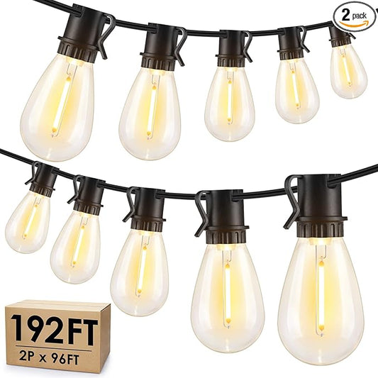 192FT(2x96FT) LED Outdoor String Lights, Patio Lights with 60+3 Shatterproof Waterproof 2700K Dimmable Bulbs, Linkable Light for Balcony-Black