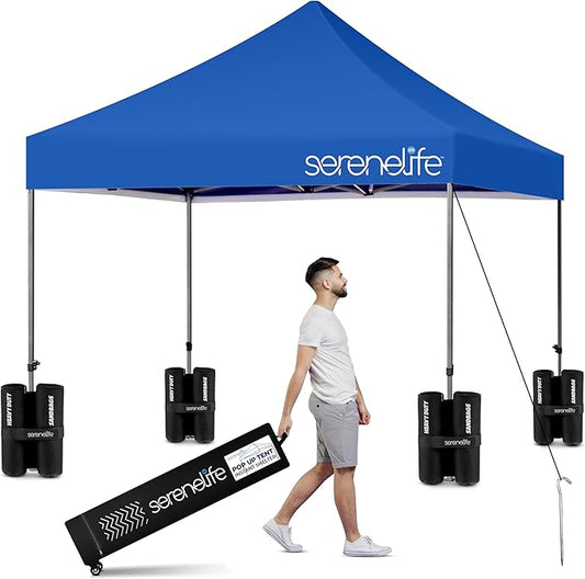 SereneLife 10x10 ft. Outdoor Pop Up Canopy, Instant Shelter, Waterproof Tent with Wheeled Carry Bag and Sand Bags, Foldable and Portable, UV and Weatherproof, Ideal for Outdoor Events (Navy Blue)