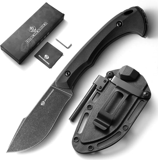 Survival Knife with Fire Starter L-Y, 7.68" Tactical Small Fixed Blade EDC Knife for Men, Full Tang, Stonewashed Black Blade & Black Handle