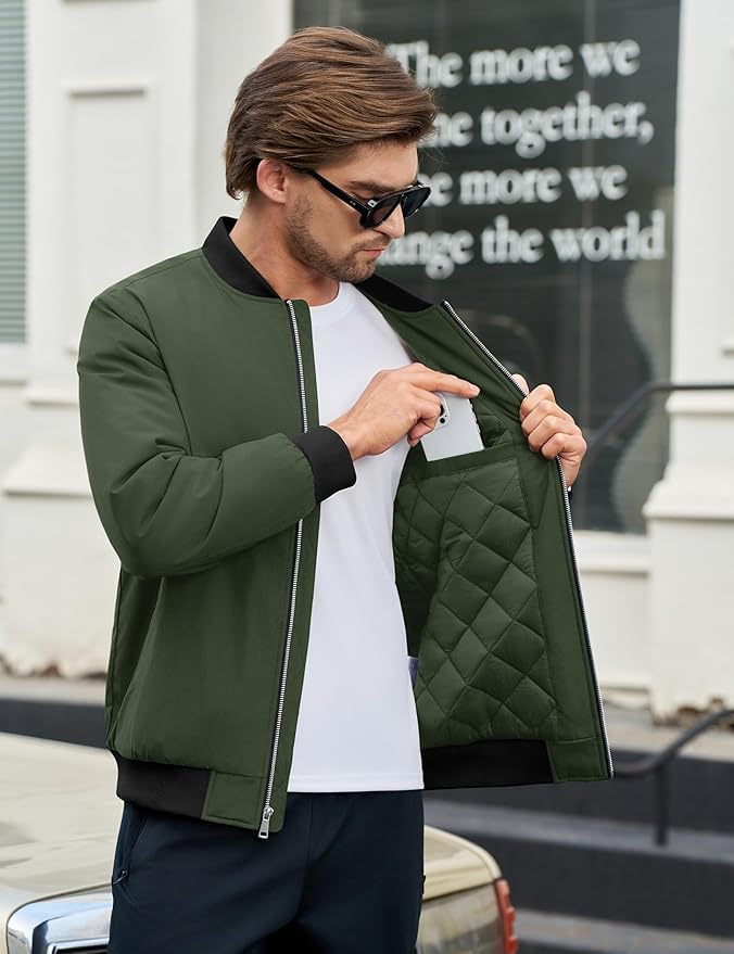 Cotrasen Men's Bomber Jacket Full Zip Windbreaker Warm Winter Windproof Casual Outwear Padded Lined Coats