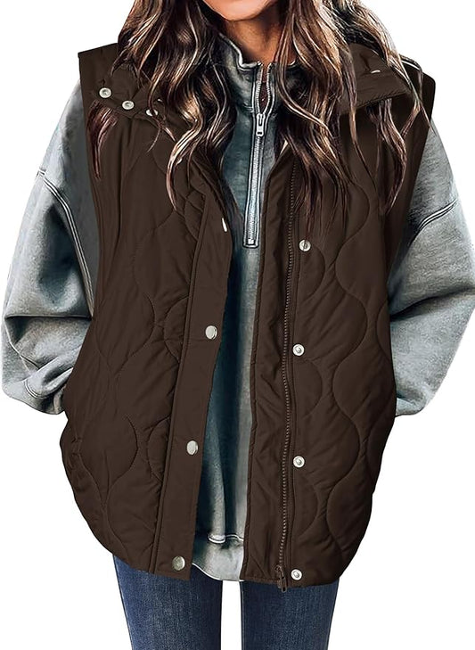Zeagoo Puffer Vest Women Sleeveless Quilted Jacket Lightweight Snap Zip Up Stand-up Collar Down with Pockets Outerwear