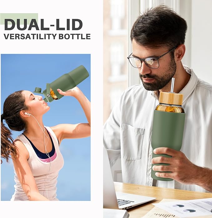 PROBTTL Glass Water Bottles 32 oz, 1 Liter Glass Tumbler, Borosilicate Water Bottle with Straw, Silicone Sleeve, 2 Lids - Handle Spout & Bamboo Straw Lid, Fits Car Cup Holder
