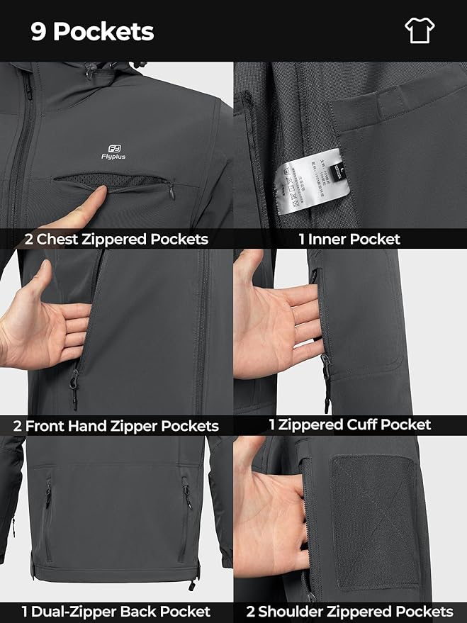 Men’s Tactical Jacket Lightweight Hooded Windbreaker Water Resistant Stretch Breathable 9 Pockets Outdoor Work Coat