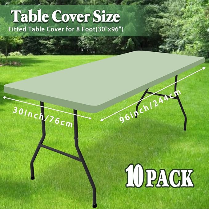 10 Pack Picnic Table Cover Elastic Fitted Outdoor Tablecloths for 8 Foot Rectangle Tables Waterproof Stretch Washable Patio Folding Spandex Table Cloth Camping Banquet Parties (Sage Green,30" x 96")