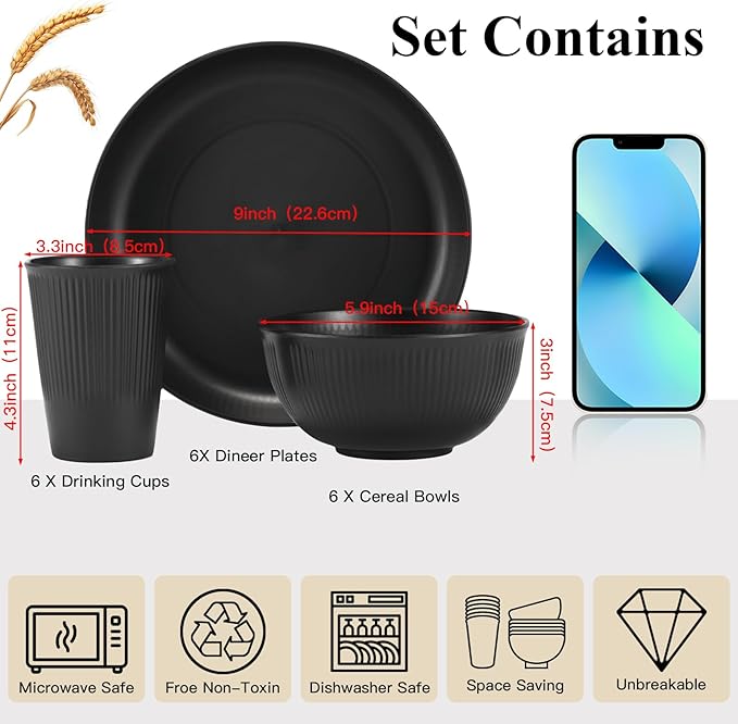 18PCS Wheat Straw Dinnerware Sets Unbreakable Dinnerware Sets Reusable Cups Plates and Bowls Sets Microwave for Kitchen Travel Camping