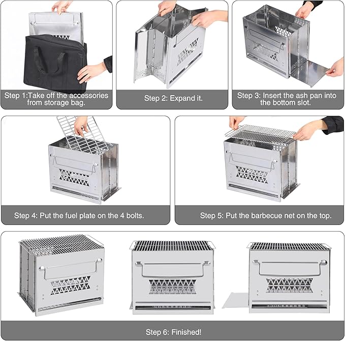 REDCAMP Wood Burning Folding Camp Stove Stainless Steel Grill, Rectangle Style Portable Collapsible Backpacking Stove Survival Rocket Stove for Hiking Outdoor Tent Camping Picnic BBQ, Large