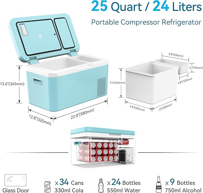 12 Volt Car Refrigerator Dual Zone 25 Quart Portable Freezer 12V Fridge Compressor Cooler 12V/24V DC 110～240 Volt AC for Truck Van RV SUV and Home Use -18℃~+15℃ (Glass Door)