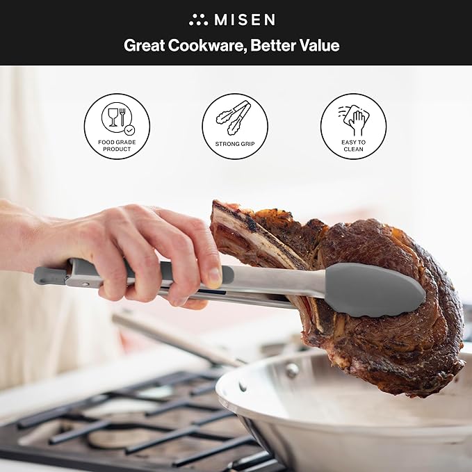 Misen Kitchen Tongs - Dishwasher Safe, Heavy Duty - Precision Silicone-Tipped Grilling Tool - Heat Resistant, Nonstick Safe - Perfect for Serving and Air Frying- 13 Inch | Gray