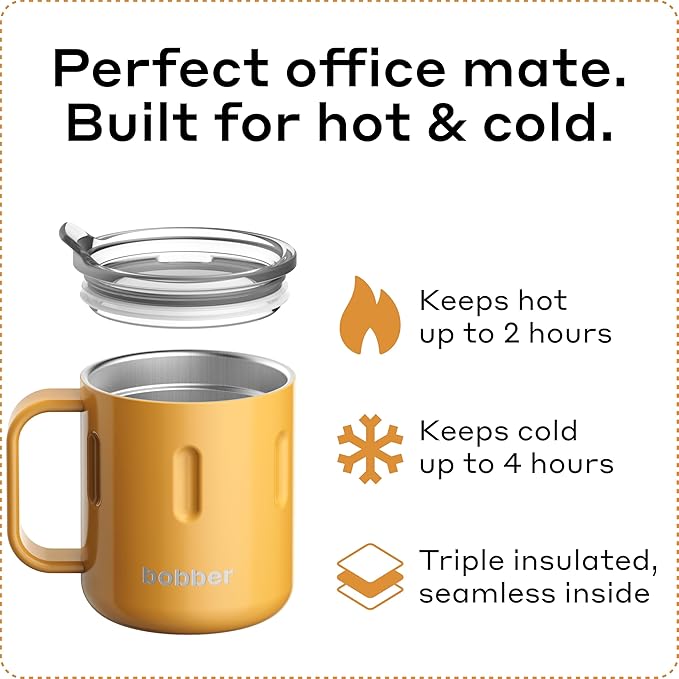 BOBBER 10 oz Insulated Coffee Mug with Wide Handle & Lid – Double Walled Stainless Steel Travel Tumbler for Women, Wife – Triple Walled Coffee Cup for Hot & Cold Drinks (Orange)