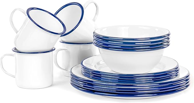 Red Co. 16-Piece Enamelware Metal Dinnerware Set for 4, Solid White/Navy Blue Rim