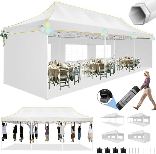 HOTEEL Tents for Parties 10x30 Heavy Duty Pop Up Canopy Tent with 5 Sidewalls&Wheeled Bag, Commercial Event Party Tent Wedding Instant Canopy Waterproof, UV 50+, Upgraded Thicked Hexagonal Legs, White