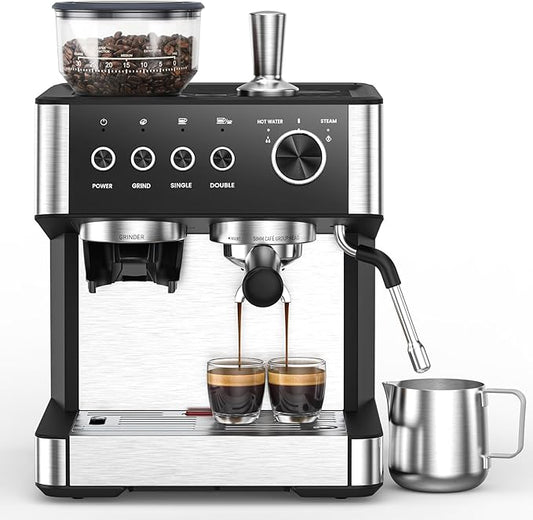 (2025 Upgrade)20 Bar Espresso Machine with Built-in Anti-Clog Coffee Grinder, Expresso Coffee Machines with Milk Steam Wand/Frother/Tamping Tools,Espresso Maker with Grinder for Lattes-Deep Black