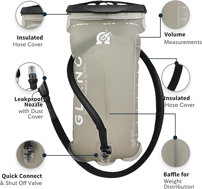 GLANC Hydration Bladder - 2L Water Bladder with Cleaning Kit for Outdoor Hiking Backpack, BPA Free Leakproof Water Reservoir for Hydration Pack, Insulated Hose & High Flow Bite Valve