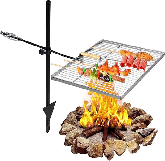 REDCAMP Swivel Campfire Grill Heavy Duty Stainless Steel Grate, Over Fire Camp Grill with Carrying Bag for Open Flame Cooking