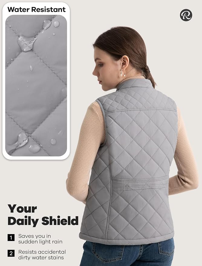 Women's Vest, Quilted Puffer Water-Resistant Zip With Pockets