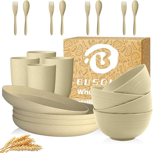 Wheat Straw Dinnerware Sets for 4 | Unbreakable Toddler Plates and Bowls Sets 20 PCS, Kids Dinner Plates, Cups, Microwave Safe Plastic Dishes Set for Kitchen, Dorm, Camping (Beige)