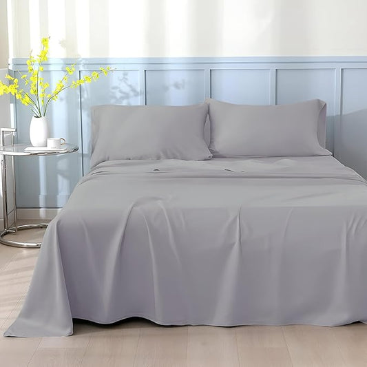 SKY BEDDINGS Olympic Queen Sheet Set 66 x 80-100% Egyptian Cotton, 600 Thread Count - 4 Piece Bed Sheets for Super Queen RV Mattress - Sateen Weave, Hotel Quality, Cooling & Breathable - Light Grey
