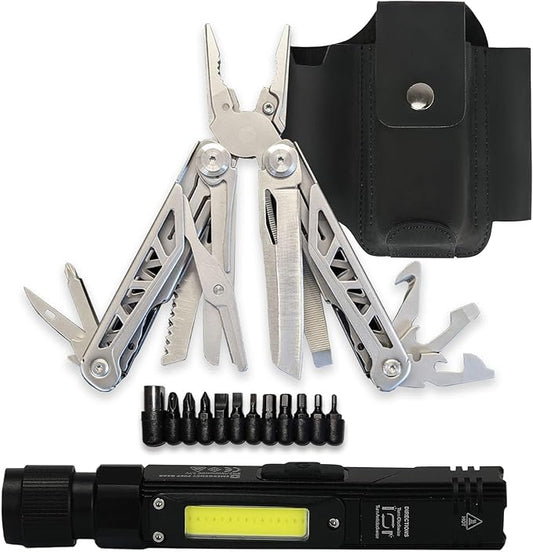 EPG Heavy Duty Multitool Bundle: Leather Case, Multi-Function Flashlight, Screwdriver Bits, 18 Stainless Steel Locking Tools, EDC Gear with Pliers, Bottle Opener, Box Cutter and More, Fits in Pocket