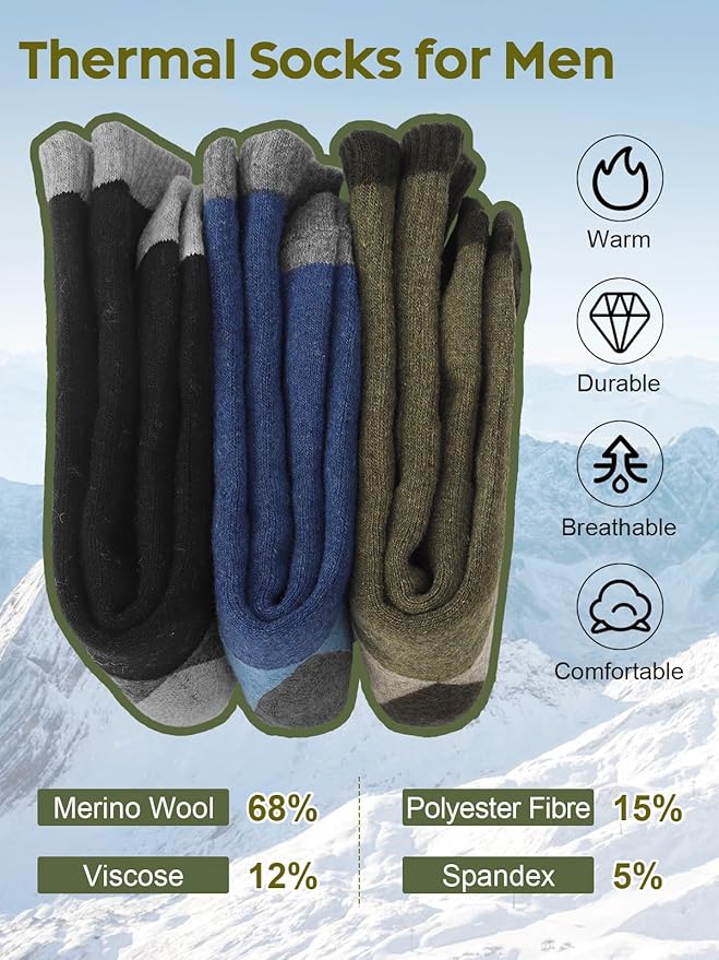 Senker Fashion Merino Wool Hiking Socks for Men, Warm Crew Socks W/Cushion Moisture Wicking for Trekking Work Outdoor