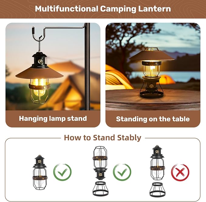 Metal LED Retro Camping Lantern, 2-in-1 Hanging/Standing, Dimmable, 3500mAh Rechargeable, Water Resistant, Brown