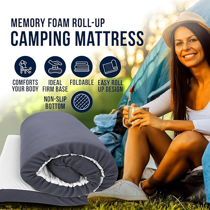 Foamma 4" x 28" x 72" Memory Foam Roll-Up Camping Mattress with Water Resistant Zipper Cover, Foldable and Portable for Camping, RV Bunk, Tent, Guest Bed, Outdoor and Dorm, CertiPUR-US Certified Foam