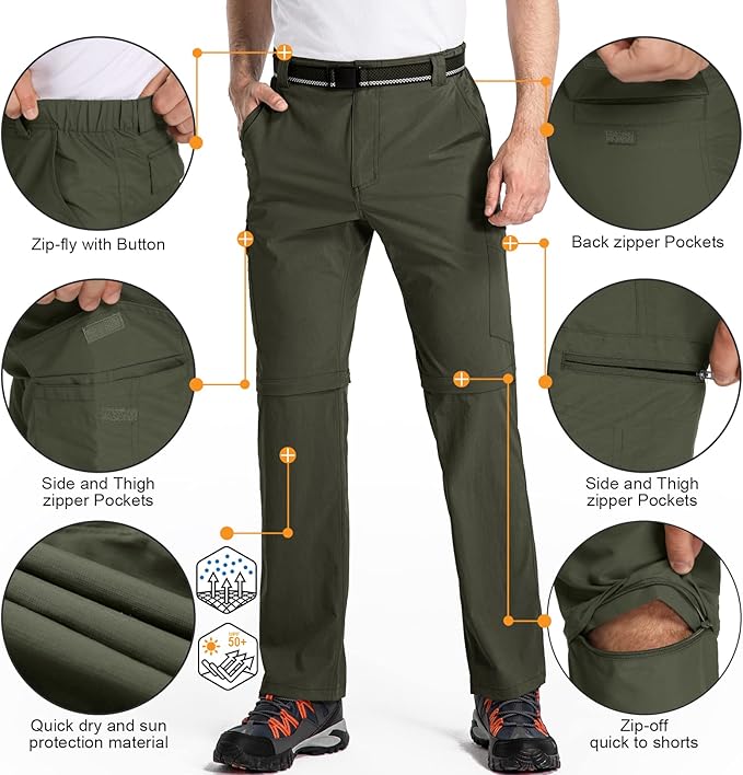 Mens Hiking Pants Convertible Lightweight Quick Dry Zip Off Fishing Safari Camping Travel boy Scout Pants