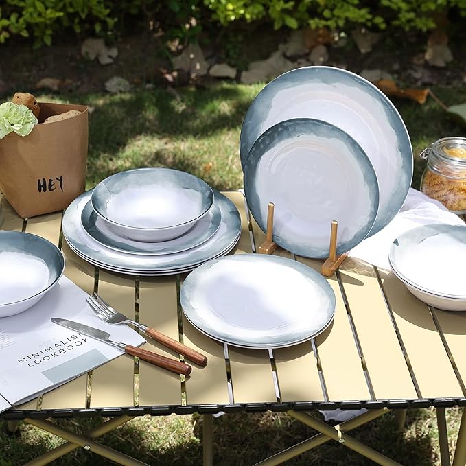 Melamine Dinnerware Sets-12 Pieces Outdoor Plates and Bowls Set for 4, Durable Dinner Plates for Camping Picnics Party, Chip Resistant Dishes, Grey Blue, Dishwasher Safe