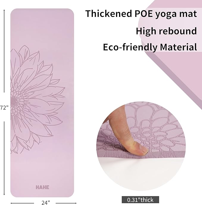 HAHE Yoga Mat Thick (8MM,1/3"), Eco-Friendly POE Non Slip Yoga Mat, High Rebound & Shock Absorption, Anti-Tear & Sweat-Resistant for Yoga, Fitness, Home, Workouts, Large Pilates Mats 72"x24" with Carrying Strap