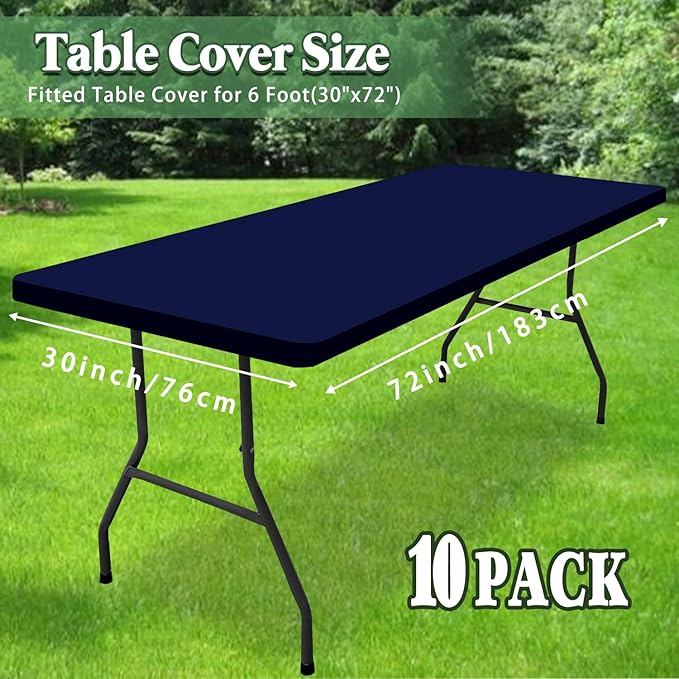 6 Foot Picnic Table Cover Fitted Elastic Tablecloth for Rectangle Table 10 Pack Waterproof Stretch Washable Folding Indoor Outdoor Spandex Tablecloth for Parties Banquet Camping (Navy Blue,30" x 72")