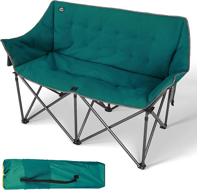 Fuzzy Oversized Folding Double Camping Chairs,Heavy Duty Supports 600 Lbs,Comfy Portable Loveseat for Adults w/Mesh Pocket,Plush Fleece-Lined Lawn Couch for Outdoor/Indoor,Dark Green