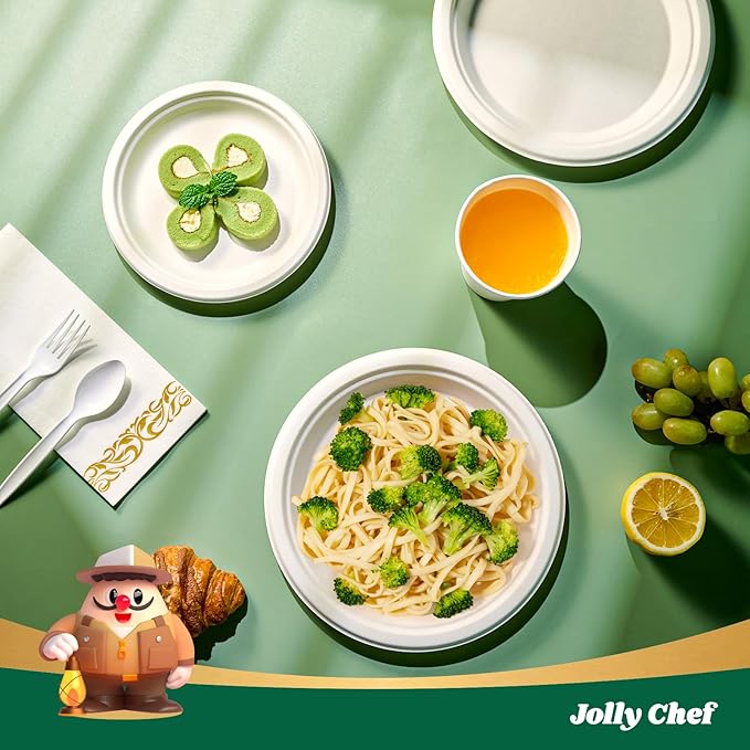 JOLLY CHEF Compostable Heavy Duty Plates 𝟳 𝗶𝗻𝗰𝗵 𝗮𝗻𝗱 𝟵 𝗶𝗻𝗰𝗵 [𝟭𝟮𝟬 𝗣𝗮𝗰𝗸] Eco-Friendly Disposable Paper Plates Bagasse Biodegradable Sugarcane Fibers Round Bulk for Party Dinner(White)