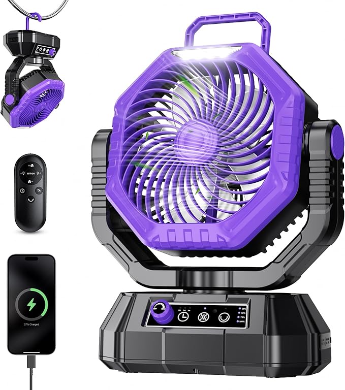 AJVV Camping Fan Rechargeable, Battery Powered Fan With Remote Controller, LED Light, Dual Motors, Stepless Speed, 45°/90°/270° Swing,Timer, Portable fan For Travel/Tent/Beach/Fishing,Violet