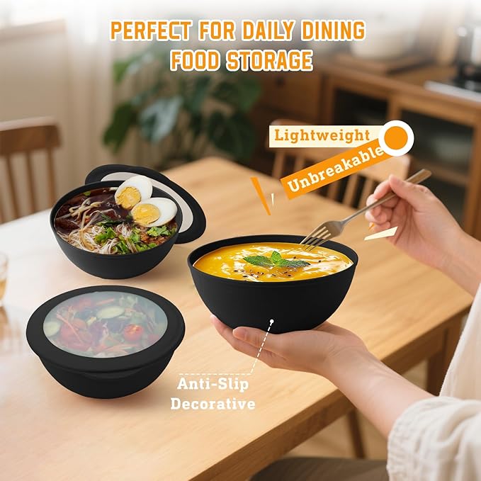 Homienly Wheat Straw Bowls with Lids, Unbreakable 40 OZ Salad Container for Lunch, Dishwasher Safe Cereal Bowl for Kitchen, Camping, Picnic, 8 Piece Plastic Bowl Set includes 4 Bowls and 4 Lids, Black