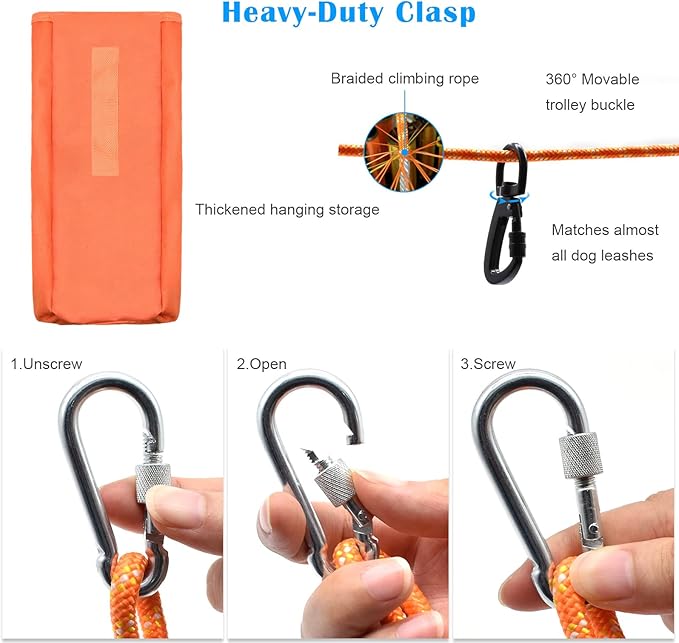 Upgraded Dog Tie Out Cable for Camping, 70FT Portable Knot-a-Hitch Dog Hitching System, Trolley System for Dogs up to 250lbs, Dogs Runner for Yard Camping Training Running Hiking Outdoor
