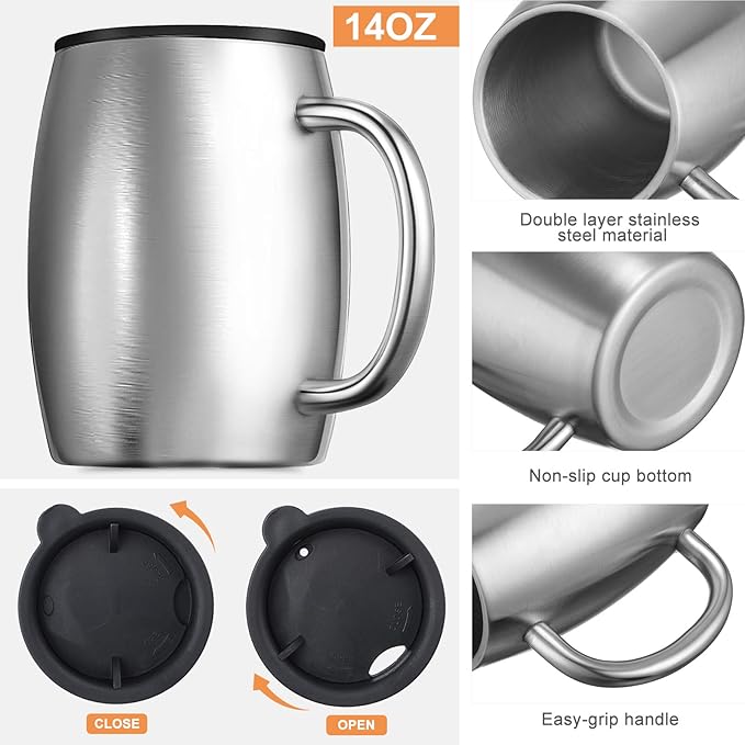 Xinnun 14 oz Insulated Stainless Steel Coffee Mug Spillproof with Lid Double Wall Travel Coffee Mug with Handle Shatterproof Metal Cups for Camping Outdoor Hot Tea Beer Cold Drink(Silver,6 Pack)
