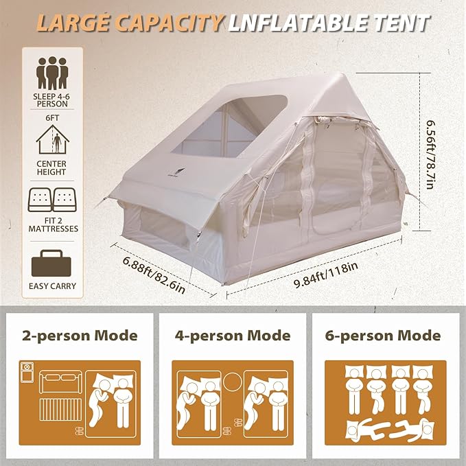 GEERTOP Inflatable Tent for Camping, Large Instant Blow Up Waterproof Glamping Tent House with Stove Jack for Family 4 Person Adult