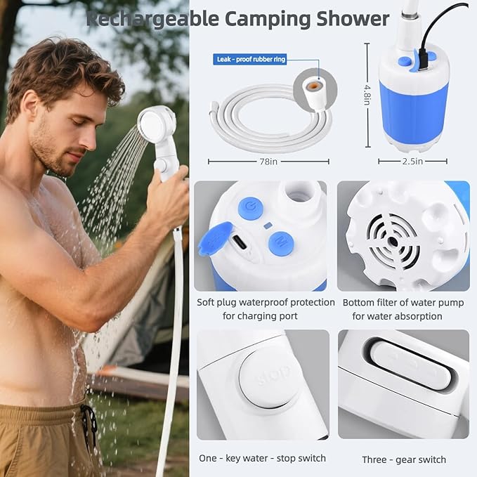Portable Shower for Camping, Rechargeable Portable Camping Shower Pump with USB-C, Camp Shower with 3 Spray Modes, Outdoor Shower Kit for Camping, RV, Travel, Pet Bath, Watering Plants (+ Mesh Bag)