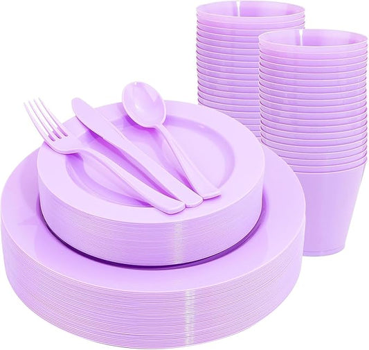 KIRE 150 PCS Purple Plastic Plates - Purple Dinnerware Set Disposable 25 Dinner & 25 Salad Plates 25Forks 25Knives 25Spoons 25Clear Cups for Birthday/Baby Shower