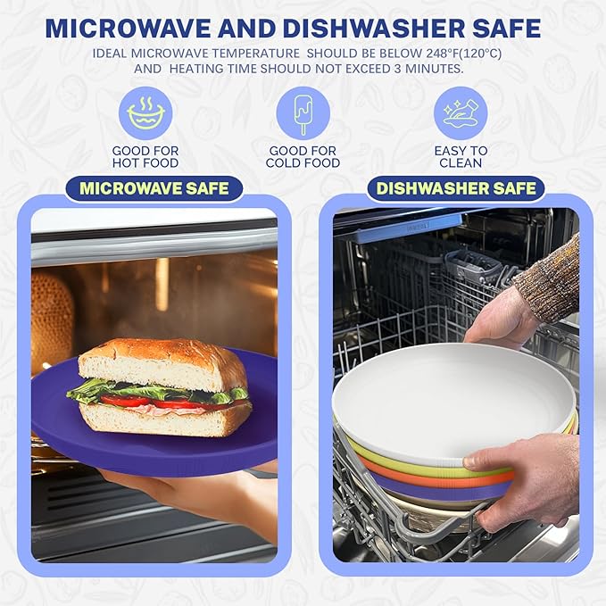 Homienly Wheat Straw Plate Set Reusable Dinner Plates 10 Inch Alternative to Plastic Plates Microwave & Dishwasher Safe Plates for Kitchen, Outdoor, Camping 4 PCS - Mondrian Colors