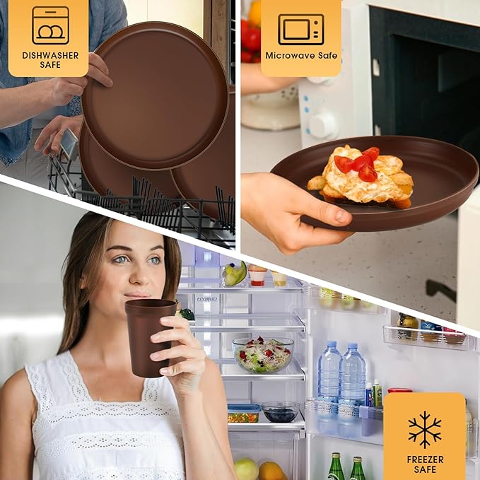 Plastic Dinnerware Sets – Brown Plastic Plates, 40-Piece Reusable Dishes Set for 8 with Cups, Forks, Knives and Spoons, Unbreakable Plates and Bowls for Camping, Outdoor Use