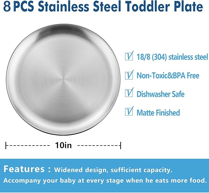 HaWare 8-Piece 18/8 Stainless Steel Plates, Metal 304 Dinner Dishes for Kids Toddlers Children, 10 Inches Feeding Serving Camping Plates, Reusable and Dishwasher Safe