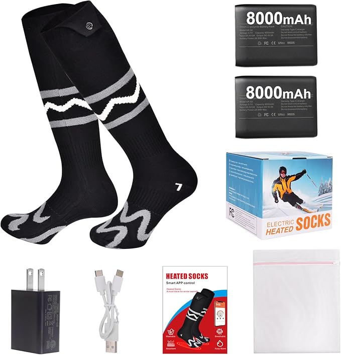 Heated Socks for Men Women with App Control, 8000mAh Battery Rechargeable, Electric Heating Warm Socks,360° Heating Warmth, Heated Toe Design, Foot Warmer for Skiing,Hiking, Hunting