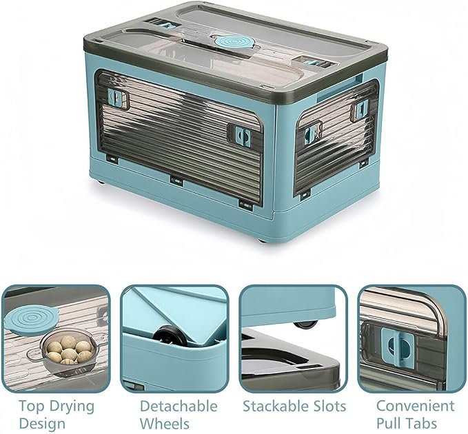 2 Pack Plastic 4 Doors Collapsible Storage Bins with Lid & Wheels, 50 Liters Folding Storage Bins, Stackable Multifunctional Box for Camping Clothes Snack Storage